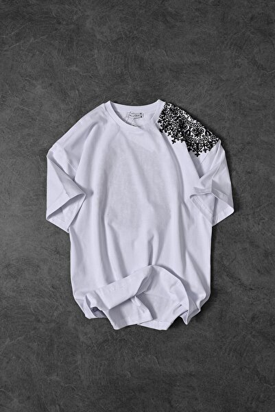 Slatra Λευκό Κεντημένο Oversize Ανδρικό T-shirt
