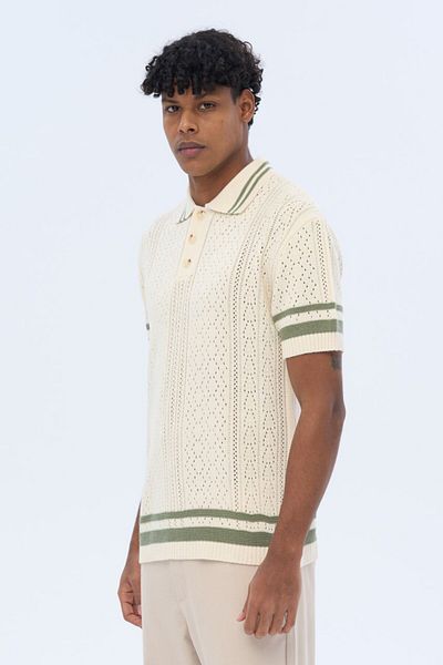 İLKCET MODA Premium Oversize Men's Knitwear Tshirt with Collar Sleeve Stripe