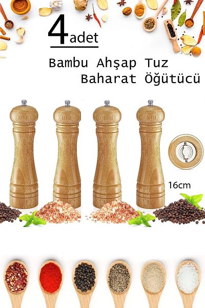 Sekiz8 4 Pieces Bamboo Body Complete Wooden Salt Pepper Mill Spice Grinder 16 cm