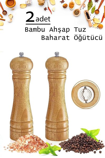 Sekiz8 2 Pieces Bamboo Body Complete Wooden Salt Pepper Mill Spice Grinder 16 cm