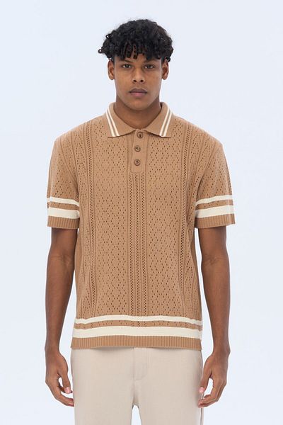 İLKCET MODA Ανδρικό πλεκτό μπλουζάκι Premium Oversize με ρίγα μανίκι γιακά