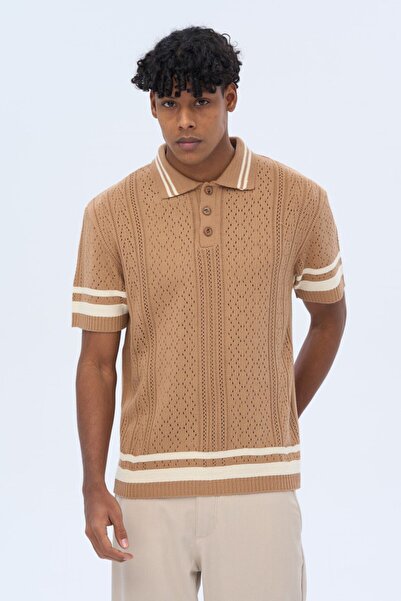 İLKCET MODA Ανδρικό πλεκτό μπλουζάκι Premium Oversize με ρίγα μανίκι γιακά