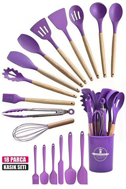 Rosemor 18 Parça Silikon Fırça Çırpıcı Spatula Maşa Kepçe Kevgir Kaşık  Servi...