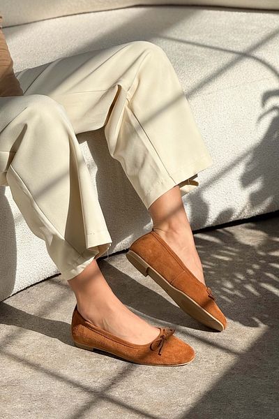 NİŞANTAŞI SHOES Matic Brown Prawdziwe Zamszowe Baleriny Damskie Płaskie Podeszwy Koronkowe Szczegóły