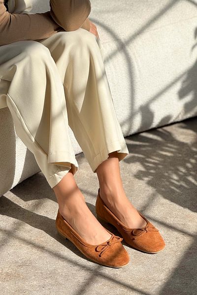 NİŞANTAŞI SHOES Matic Brown Prawdziwe Zamszowe Baleriny Damskie Płaskie Podeszwy Koronkowe Szczegóły