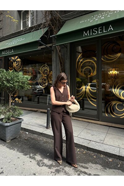 VOLT CLOTHİNG Women's Double Fabric Ribbon Gold Button Detailed Vest Suit