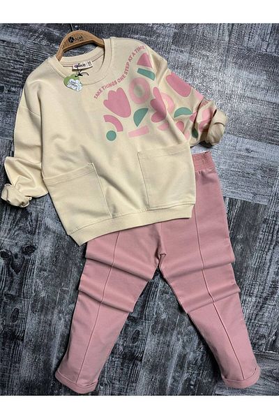 MODA Girl's Patterned Pocket Sweatshirt and Pink Pants Set
