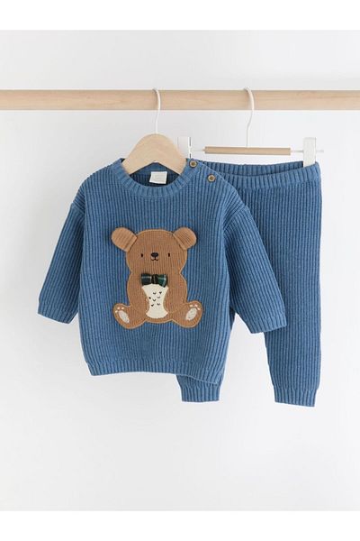Next Baby 100% Cotton Blue Teddy Bear Premium Knitwear Bottom Top Set