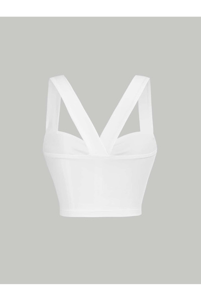 Marin Star White Summer Front Cross Wide Strap Lycra Crop, White Twisted Wide Strap Summer Stretchy Blouse Top