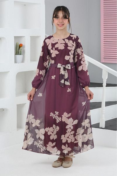 Dalikda Rochie din șifon cu imprimeu floral pentru fete – rochie lungă, căptușită, potrivită pentru hijab
