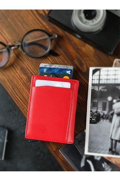 Bagacar Genuine Leather Mechanized Wallet/Card Holder Red