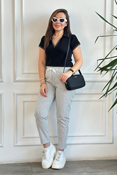 yb yağmur butik Double Leg Striped Trousers with Elastic Waist