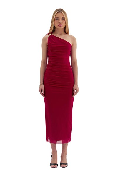 Moda Amore فستان سهرة نسائي - كتف واحد من التول بتفاصيل مجمعة متوسطة الطول 1709