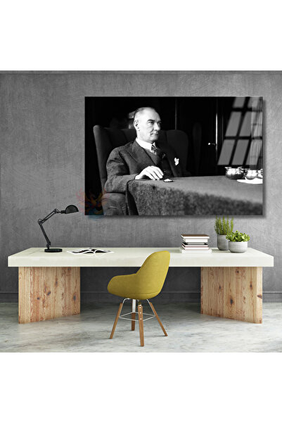 Artarilion Siyah Beyaz Atatürk Tablosu Yatay Cam Tablo Modeli Ev Ofis Duvar D...