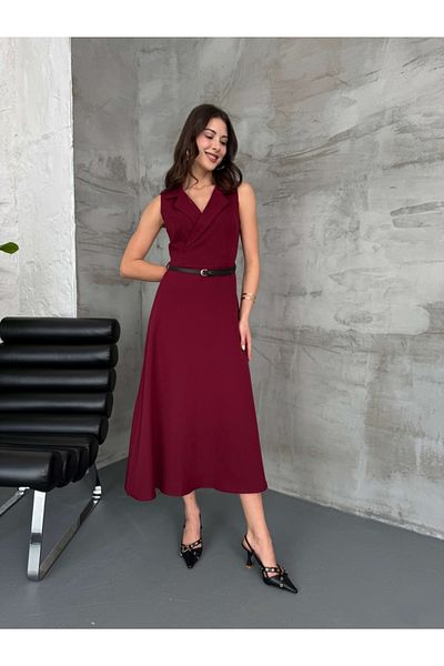 Elif Özbey Butik Burgundy Double Breasted Belted Bell Dress