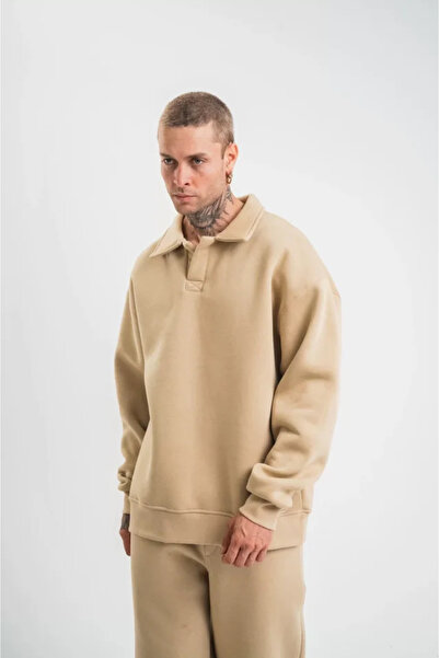 MODA Eyesof Unisex Double Oversize Patlı Yaka Sweatshirt - Beige