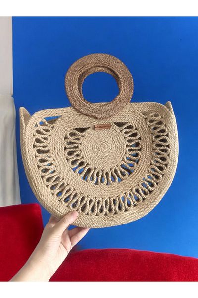 CollessiaHome Γυναικεία Χειροποίητη Ψάθινη Τσάντα από Γιούτα Στρογγυλή Λαβή Λεπτομερής Τσάντα Σχοινί