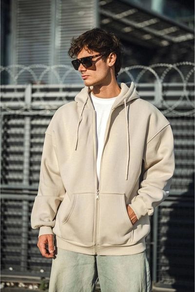 MODAVERA    Oversize Full Zipper Long Sleeve Cardigan - Beige