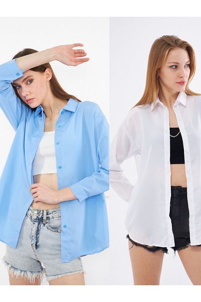 brako tekstil Women's White-Light Blue Oversize Long Basic Shirt