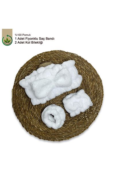 MEŞELİ TEKSTİL Extra Soft White Bath Spa Set - 1 Elastic Hair Bandana, 2 Cotton Washing Bracelets