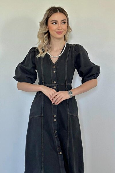 TUA MODA Tua Moda Black Balloon Sleeve Denim Dress