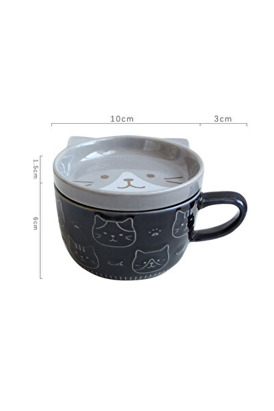 Choice كوب قهوة بتصميم قطة كرتونية يابانية رمادية اللون مع غطاء، 201-300 مل، ...