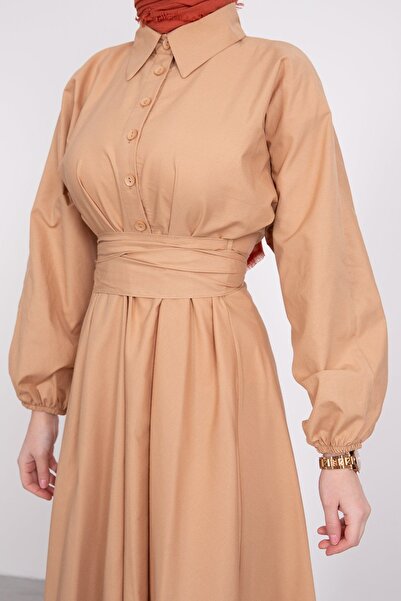 STİLZERAFET Shirt Collar Buttoned Flared Hijab Dress Mink