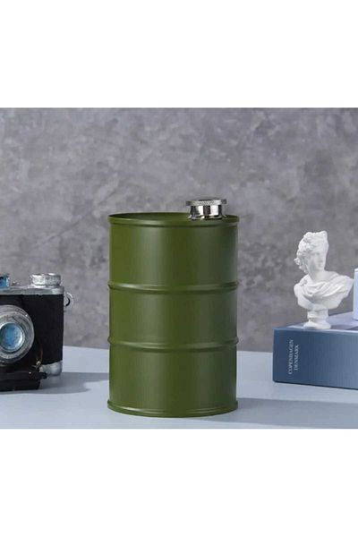 kho military design 750 Ml. Large Capacity Petrol Barrel Form Khaki Color 304 Stainless Flask
