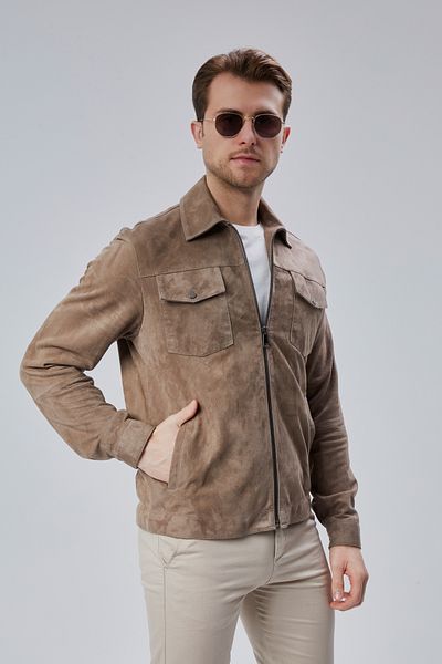 KENT Ken2412 Zippered Genuine Leather Milk Brown Men's Suede Jacket