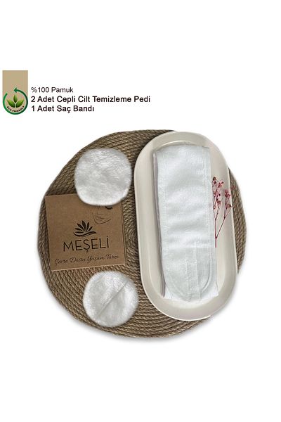 MEŞELİ TEKSTİL Washable Organic 1 Make-up Hair Band and 2 Skin Cleansing Pads Set of 3