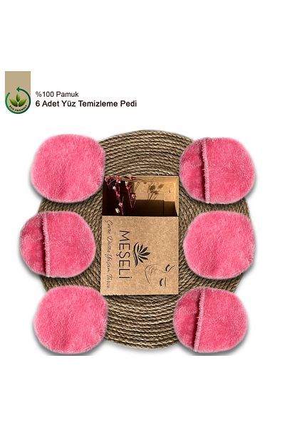 MEŞELİ TEKSTİL 6 Pieces Pink - Washable and Reusable Makeup Facial Skin Cleansing Pad with Pocket