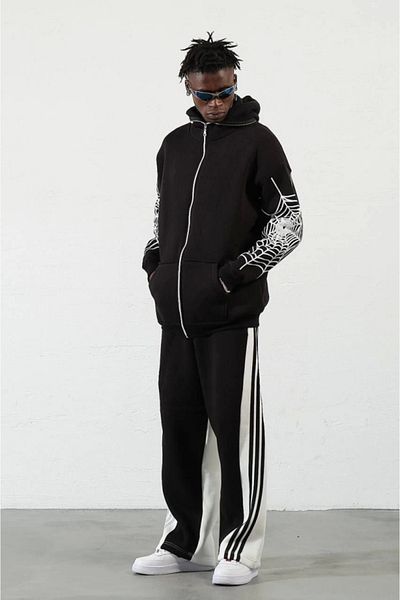 MODAVERA    Three Thread Printed Zippered Hooded Cardigan - Black