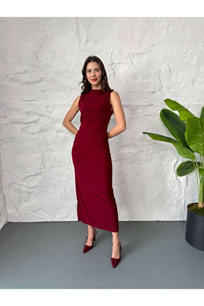 Elif Özbey Butik Bordo Drapeli Yırtmaçlı Sandy Elbise
