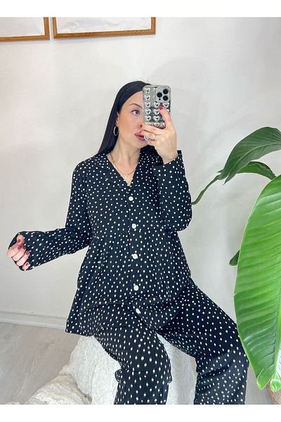 Pijamapartisi Polka Dot Long Arm Combed Cotton Fabric Maternity Postpartum Pajama Set on Black Color