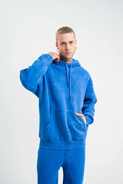 JANES Унісекс подвійний оверсайз світшот з капюшоном, що можна прати - синій