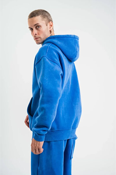 JANES Унісекс подвійний оверсайз світшот з капюшоном, що можна прати - синій
