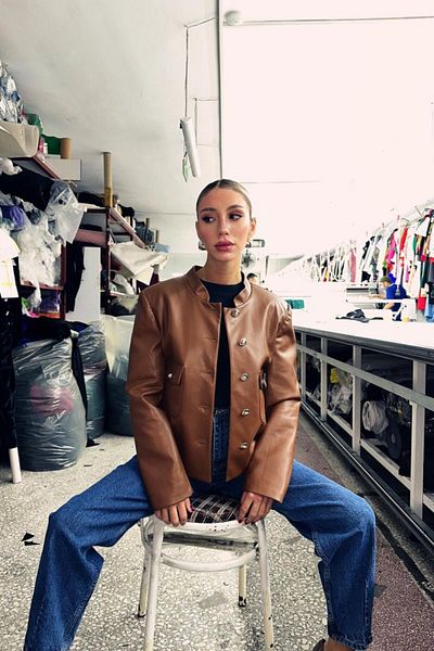 MODAVERA Brown Leather Jacket with Button Closure on the Front