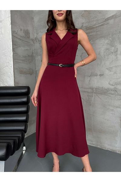 Elif Özbey Butik Burgundy Double Breasted Belted Bell Dress