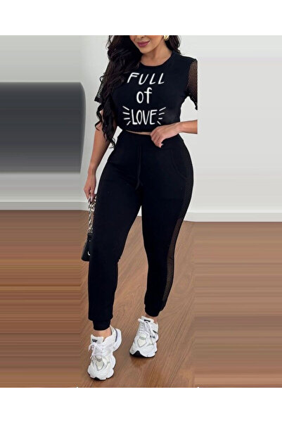 buğrahayalin Women's Short Sleeve Crew Neck Mesh Detailed Viscose Two Thread Crop Top and Sweatpants Double