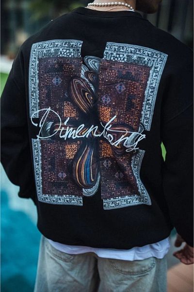 leyla sanat sanata yeni bir bakış açısı Leyla Art a New Perspective on Art Long Sleeve Crew Neck Front and Back Printed Sweatshirt - Black
