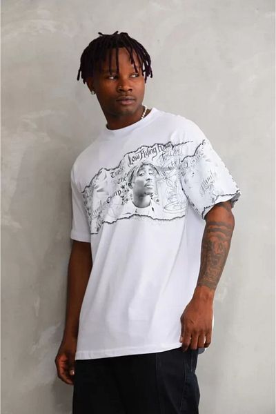 Modayakamoz Λευκό μπλουζάκι Unisex Oversize με στάμπα με λαιμόκοψη