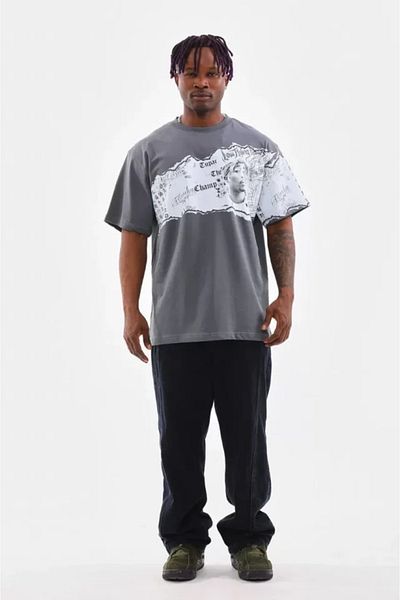 Kokosh moda Γκρι μπλουζάκι Unisex Oversize Crew Neck με στάμπα