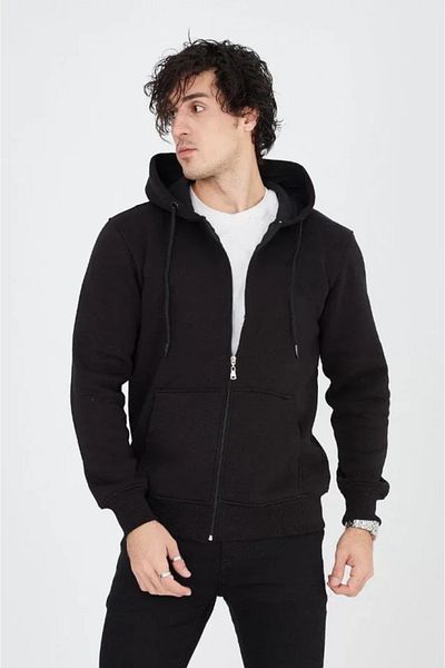 İpeksi Silky Men's Hooded Plain Zip Cardigan - Black