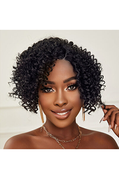 Mina Peruk Siyah Kısa Afro Yan Tül Peruk
