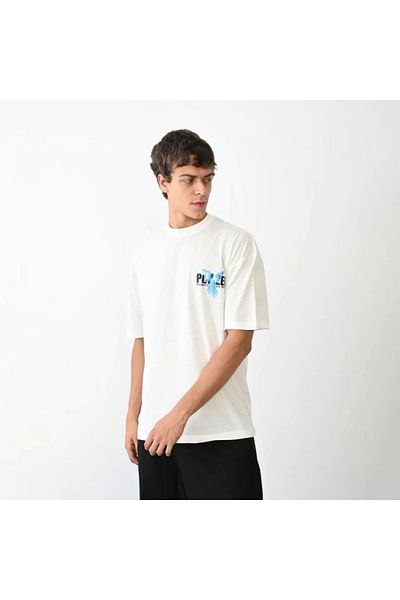 JANES Λευκό μπλουζάκι Unisex Oversize με στάμπα με λαιμόκοψη
