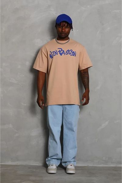 Viyamo Μπλουζάκι Unisex Oversize Crew Neck σε μπεζ χρώμα - εμπριμέ