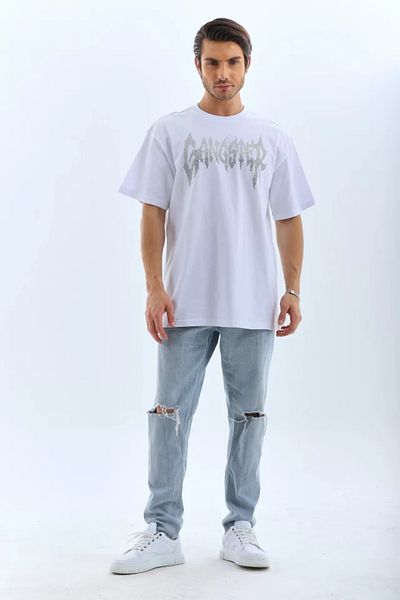 JANES Λευκό μπλουζάκι Unisex Oversize Stone με λεπτομέρεια με λαιμόκοψη