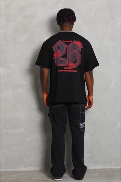 COTTONLAB Unisex Oversize εμπριμέ μπλουζάκι με λαιμόκοψη - Μαύρο