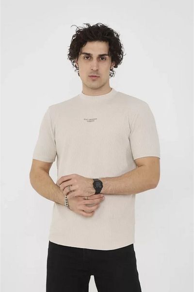 JANES Μπεζ Χρώμα Unisex Slim Fit Crew Neck T-Shirt