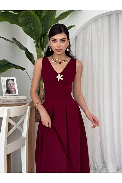 Afiş Butik Bordo V Yaka Yıldız Detaylı Piliseli Uzun Elbise
